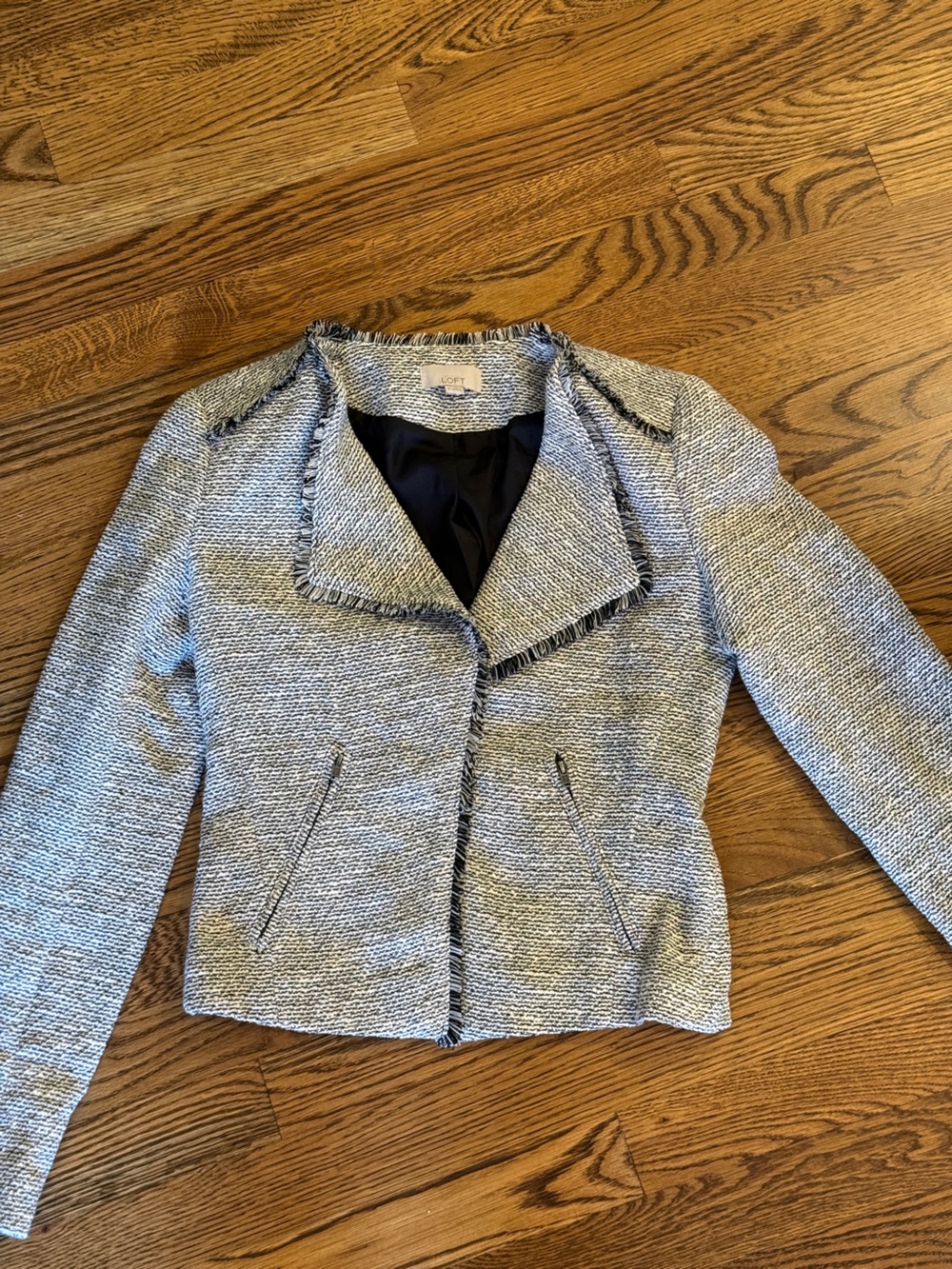 LOFT Black and White Tweed Fringe Collar Blazer